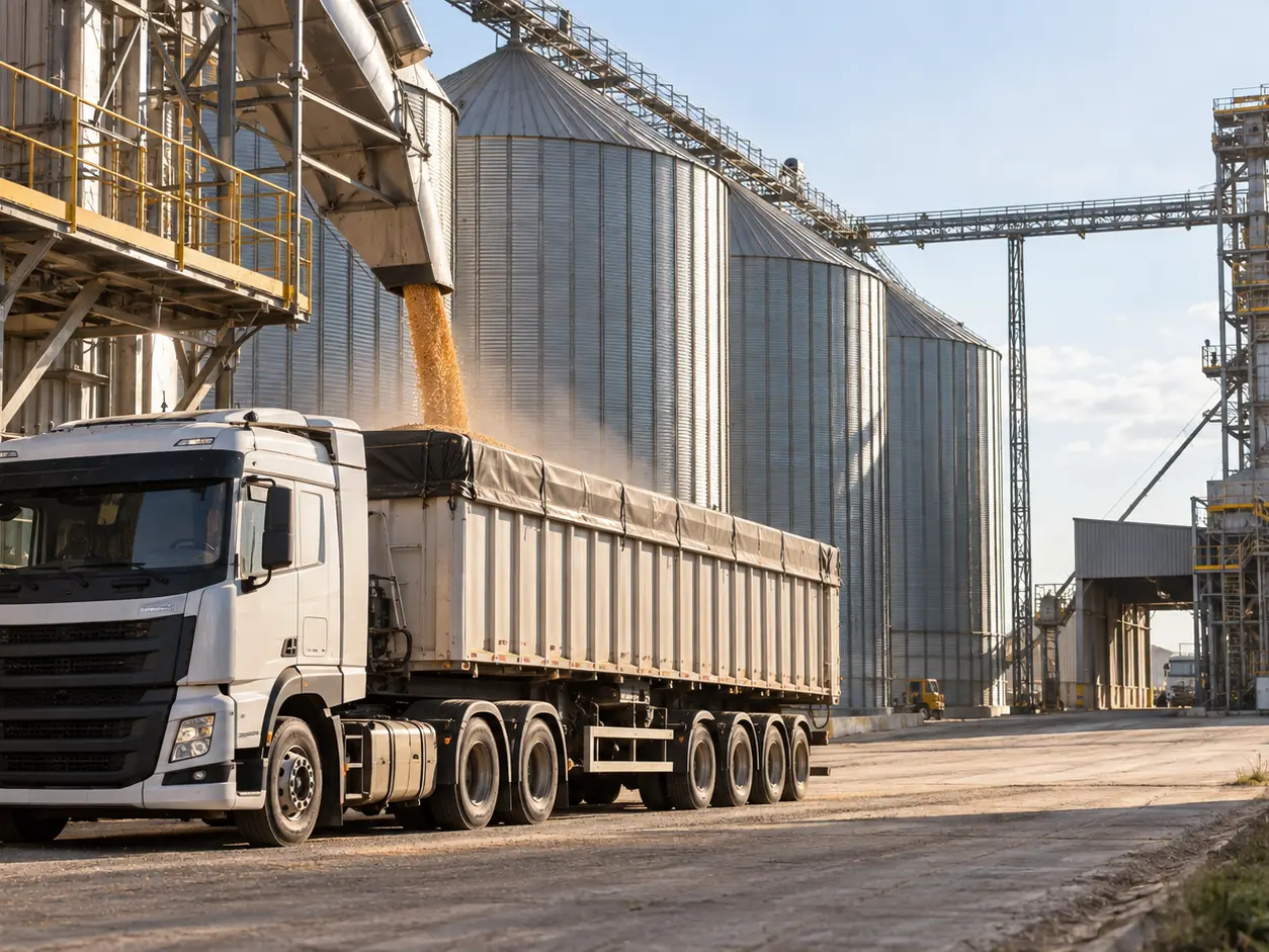 Caminhão carregando grãos em unidade de armazenagem com silos